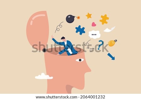 Declutter your mind, clear your brain to regain focus improve creative thinking ability, free up memory concept, ambitious businessman declutter, clean and clear all messy anxiety from his big head. 商業照片 © 