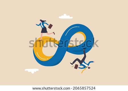 Business cycle, infinity routine job or career path, competition to success or working process loop, impossible illusion concept, businessman and businesswoman running on never ending infinity loop.