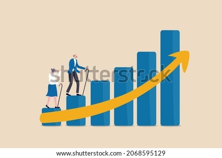 Aging society, world population aging problem, workforce crisis by low birth rate compare to senior elderly or retiree increase, elderly senior couple walk up rising, increasing graph of aged citizen.