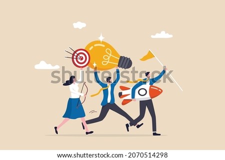 Entrepreneurship, think and develop new idea, organize and launch new innovation product, startup or start new company, business people holding winner flag, rocket ship, lightbulb idea and target plan