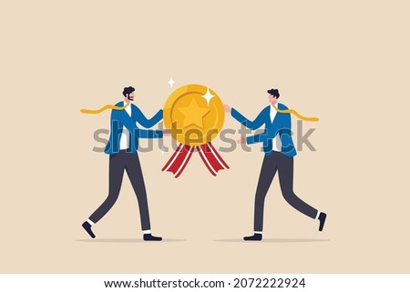 Employee award recognition, success achievement reward or top star performer of the month, best sales champion or certificate concept, businessman boss giving golden star badge to winning employee.