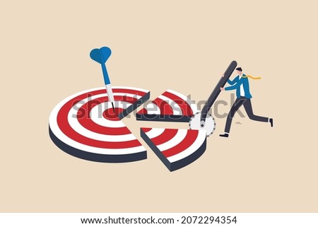 Break down big goal into small achievable goals, success strategy to focus on short, medium and long term goals to achieve final accomplishment, businessman break down dartboard target into chunks.