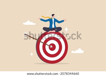 Stay focused and concentrate on business objective, goal or target, relax meditation to eliminate distraction concept, peaceful businessman meditate sitting and focusing on big archer target.