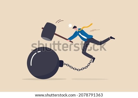 Break free or breaking bad habits or routines for freedom, pay off debt, destroy shackle or anxiety burden, escape and liberation concept, confidence businessman use hammer to break heavy chain burden
