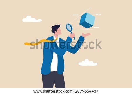 Business case study or marketing research, analyze product prototype or competitor, learning or search for strong and weakness concept, smart businessman use magnifying glass to analyze floating cube.