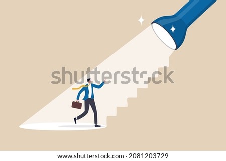 Spotlight to guide career success, recruitment or HR finding candidate or talent, opportunity or career growth, ladder of success concept, businessman walk up flashlight with staircase light beam.