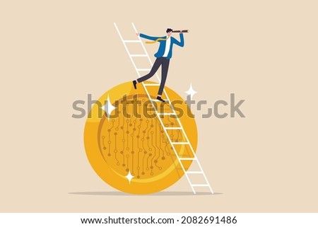 Cryptocurrency investment opportunity, vision to discover high profit crypto coin, future growth or best performance token concept, businessman with telescope climb up crypto coin to see opportunity.