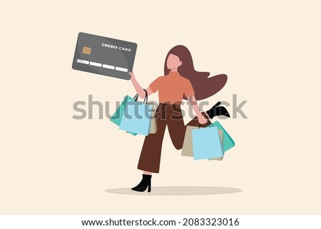 Consumerism, overspending or shopaholic causing credit card debt and poverty, shopping addiction spend more than your income, happy young woman holding shopping bags with credit card payment checkout. Foto stock © 