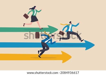 Business competition, contest or rivalry against competitors to increase sales for victory, performance compare to other employees concept, businessman and woman compete running on arrow racetrack.