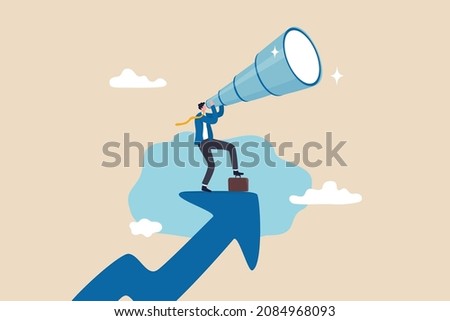 Business opportunity or investment and market prediction, future growth or career development vision, profit and earning forecast concept, businessman climb up rising arrow with big telescope spyglass Imagine de stoc © 