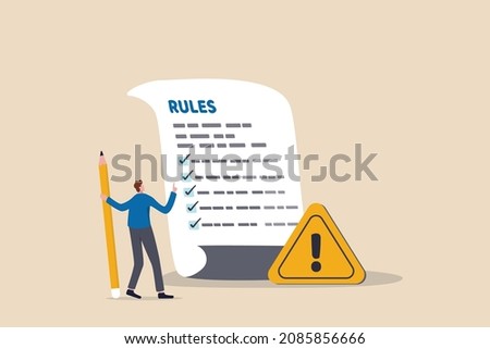 Rules and regulations, policy and guideline for employee to follow, legal term, corporate compliance or laws, standard procedure concept, businessman finish writing rules and regulations document. Stockfoto © 