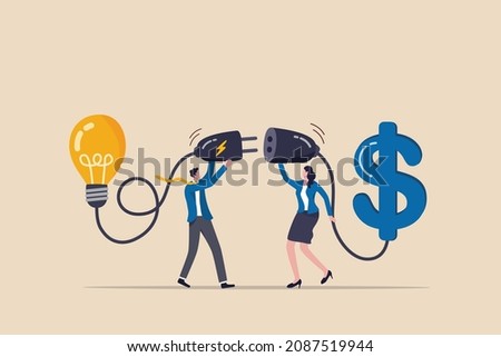 Venture capital or financial support for startup and entrepreneur company, make money idea or idea pitching for fund raising concept, businessman and woman connect lightbulb with money dollar sign. Сток-фото © 