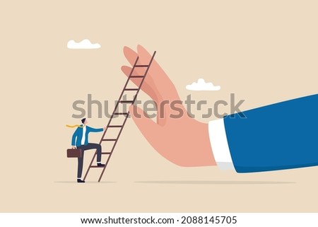 Overcome business obstacle, barrier or difficulty, challenge to solve business problem and see opportunity concept, ambitious businessman about to climb up ladder to overcome giant hand stopping him.