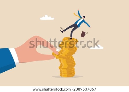 Investment risk from rug pull crash, pull money or liquidity back, market volatility, unstable and uncertainty concept, giant hand pull back money from coin stack causing investor to fall down.