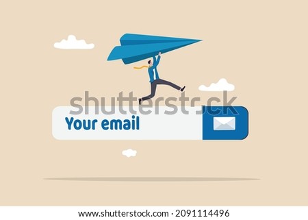 Email subscription to send newsletter for promotion and product update, online communication and marketing concept, businessman launching origami paper airplane on email subscribe form on website.