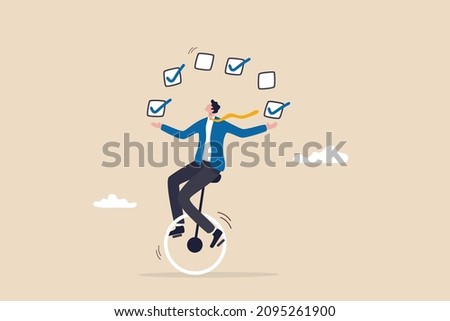 Todo list professional, business or work accomplishment, project management to track completed tasks or checklist to check for completion concept, businessman juggling checkbox on unicycle.