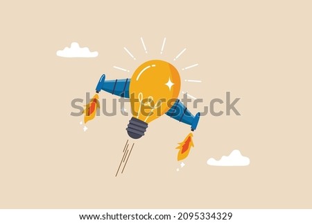 Boost creative idea, imagination, innovation or technology to help success, invent new solution to win business competition concept, bright lightbulb idea with rocket booster flying fast into the sky.