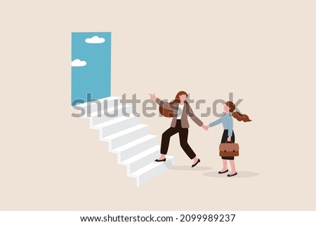 Employee encouragement, manager advice, guidance, stairway to success or new opportunity, career development concept, supportive businesswoman manager encourage employee to step on stair to success.