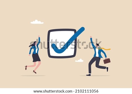 Complete task, accomplishment or project done checklist, success or achievement checkbox, job done concept, happy business people celebrate completed checkmark  after finish responsible project.