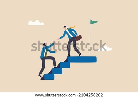 Business mentor or leadership help colleague to succeed and reach goal achieve target, mentorship, support or help career success, businessman leader help employee climb to target at top of stair. 