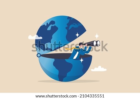 World economic vision or international opportunity for business, work or investment, searching for oversea business concept, smart businessman open globe using binoculars looking for future vision.