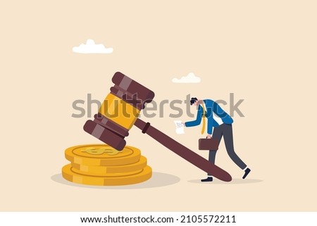 Penalty fine to pay for prohibited legal, charge and expense punishment notice, traffic charge bill concept, sad man holding fine notice with law gavel on top of money coins stack. Foto stock © 