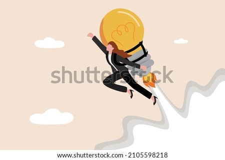 Idea, innovation and creativity help boost productivity and initiative to reach success goal, career development and business growth concept, confident businesswoman with lightbulb jetpack flying high