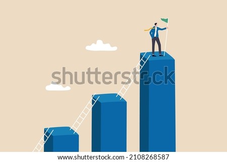 Step to grow business, ladder of success, progress, improvement or development to achieve goal, growth journey, career path concept, businessman climb up ladder step by step on graph to achieve goal.