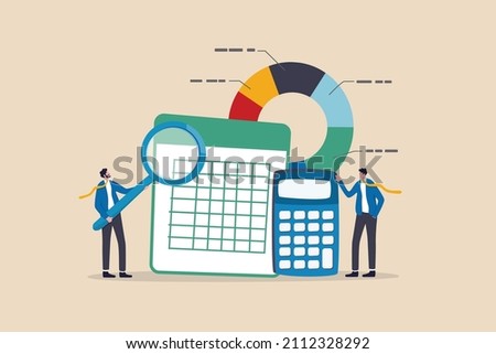 Accounting and finance audit, calculate budget, profit and loss, produce report graph from data, professional concept, business people accountants with calculator, spreadsheet producing reports. Сток-фото © 