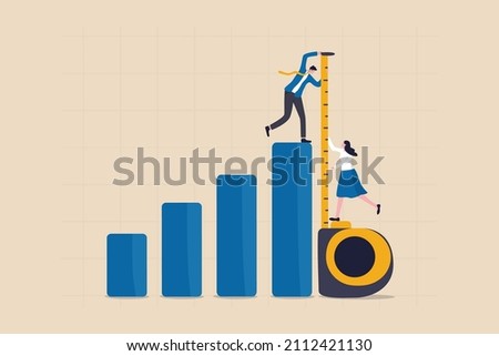 Business benchmark measurement, KPI, key performance indicator to evaluate success, improvement or business growth concept, businessman and woman help using measuring tape to measure bar graph. ストックフォト © 