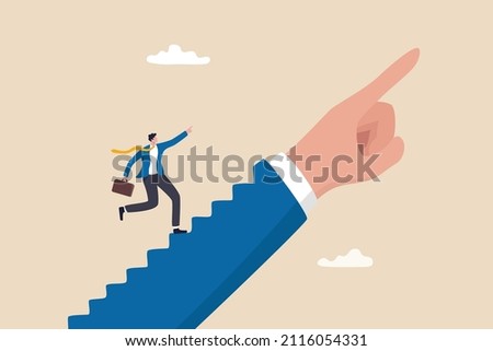 Success step, leadership or career path growth strategy, motivation and determination to grow and success, stairway to achieve target concept, businessman step up stairway on leader pointing hand.