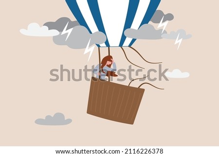 Mental health, depression or sadness, anxiety and stressed problem, work difficulty and obstacle, pessimism concept, depressed desperate and hopeless woman in falling down air balloon in thunder storm Сток-фото © 