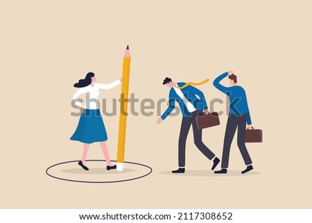 Personal space, privacy or work boundary to limit access and protect from people, introvert or safe zone concept, businesswoman using pencil to draw personal space circle to protect from coworkers. Сток-фото © 