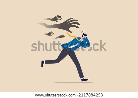 Fear or struggle from business failure, anxiety, depression or panic attack, afraid or negative feeling, mental disorder concept, frightened businessman running away from creepy monster hand chasing.