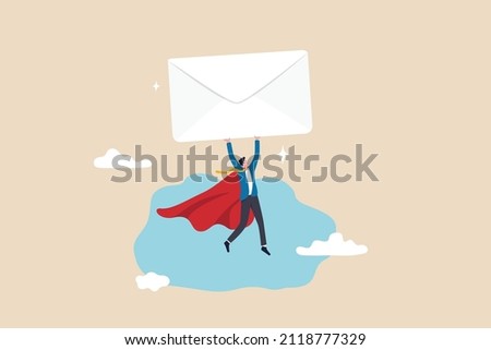 Email communication, marketing campaign from subscription, sending message or information concept, businessman superhero carrying big email envelope flying to recipient address.