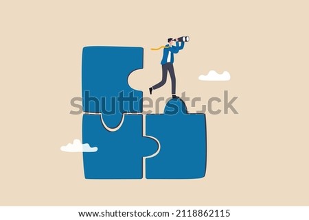 Finding solution or search for last missing piece to finish or complete work, leadership mission or business difficulty concept, businessman standing on uncompleted jigsaw looking for missing piece.