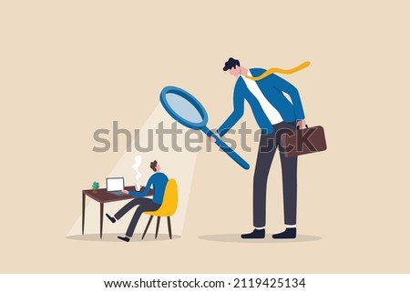 Micromanaging boss, toxic manager monitoring every details, excessive supervision and control of employee work and processes, micromanager boss using magnifying glass keep looking at employee working.