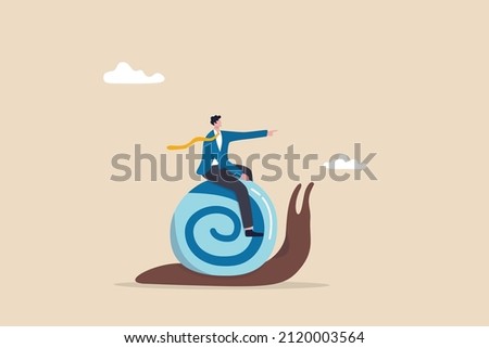 Slow growth, inefficient or stupid mistake, businessman idiot leader riding slow snail never reach goal, losing business competition. ストックフォト © 