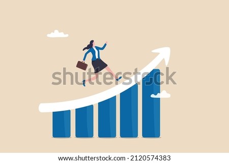 Work improvement, career growth or performance to achieve success, progress or challenge concept, businesswoman running up rising arrow on performance improvement bar graph. ストックフォト © 