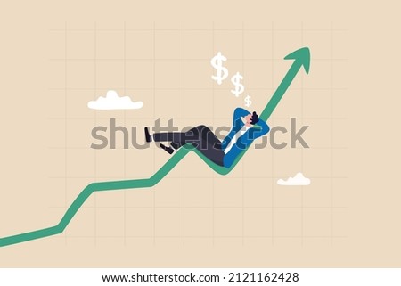 Success investment earn more profit or easy growing return mutual fund, make money from cryptocurrency trading or dream about being rich concept, businessman investor relax and sleep on growing graph.