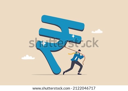 Indian investment opportunity, India economics or financial policy, budget, currency or wages and income concept, success businessman investor pulling large Indian rupee money symbol. 商業照片 © 