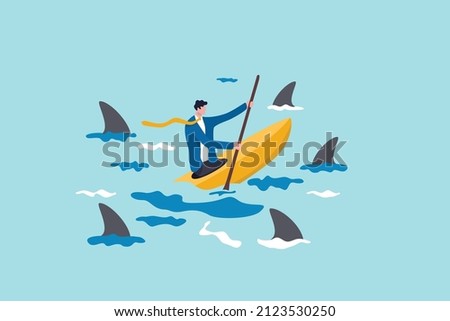 Risk taker, threats or challenge to success, overcome difficulty or problem in crisis, determination or adversity concept, confidence businessman sailing kayak ship among danger threat sharks.