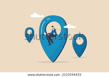 Remote job or distance work, virtual office or working anywhere, freelancer or online office, oversea employee concept, businessman working remotely with computer laptop on location map pin.