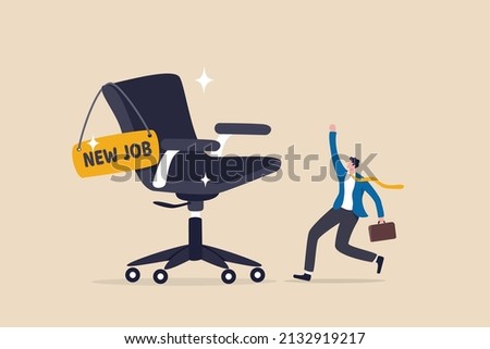 New job offer or new career opportunity, employment and recruitment, promoted to new position or hiring staff for vacancy concept, happy cheerful businessman greeting with his new job office chair.