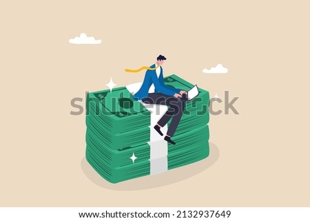 High paying jobs or high salary career, excellent income and wages, make money online with computer and internet concept, happy businessman working with computer laptop on stack of money bundle.