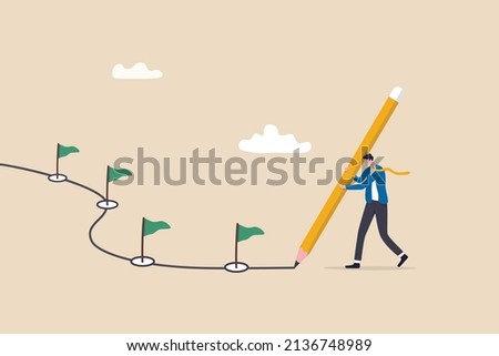 Workflow or working process, project progress, milestone or achievement tracking, work experience or roadmap concept, businessman using pencil to draw workflow line with achievement flag milestones.