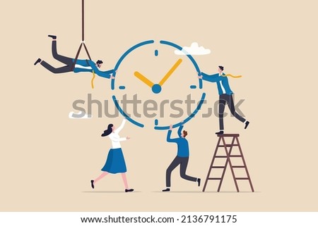 Time management or project management to control team to complete tasks or strategic planner to manage resources to complete work in deadline, businessman and woman help combine clock timer pieces.