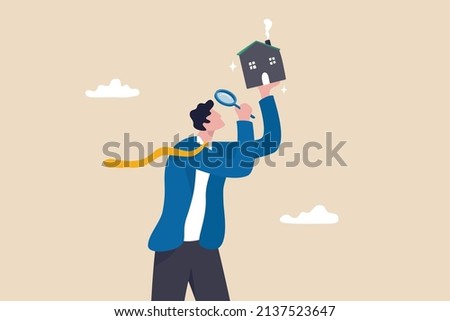 House inspection, home, property and real estate price evaluation, mortgage and loan analysis, search for housing investment concept, curios businessman using magnifying glass to see house details. Foto stock © 