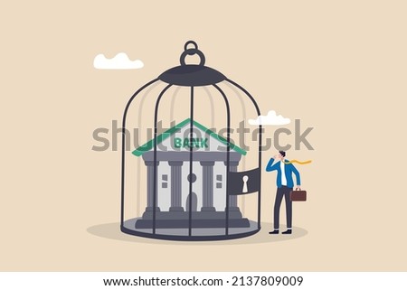 Financial sanction disconnect from SWIFT international money transfer, lockdown bank transaction against Russian war concept, businessman look at bank building locked inside bird cage.