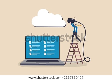 Connect to cloud computing, technology to share secured file and communicate with team while working remotely, upload and download files concept, businessman connect network line with cloud computing. Imagine de stoc © 